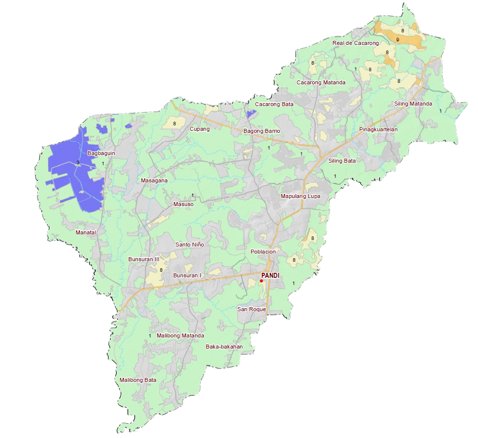 Map of Pandi showing the 22 barangays